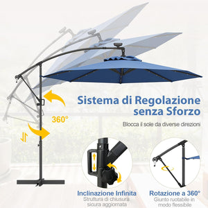 Ombrellone da Giardino ∅300 cm con 32 Luci LED, Ombrellone Prendisole con Rotazione di 360°, Inclinazione Regolabile, 8 Stecche, Manovella, per Giardino Piscina Cortile (Blu)