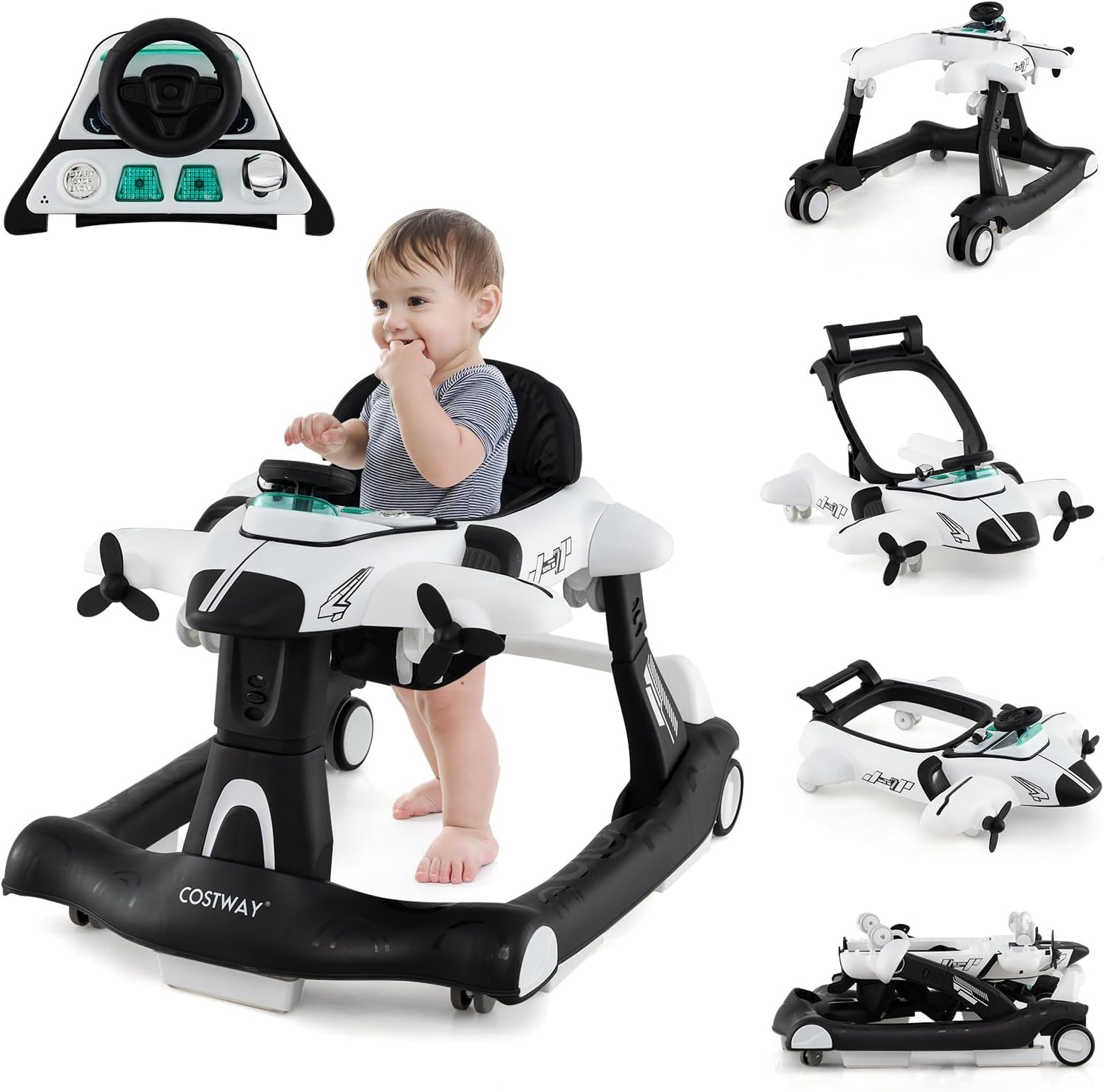 6 in 1 Girello per Bambini, Girello Pieghevole con Altezza Regolabile a 3 Livelli, Scatola Musicale Rimovibile, Vassoio per Alimenti, Portata 12 kg, per Bambini di 6-18 Mesi (Bianco)