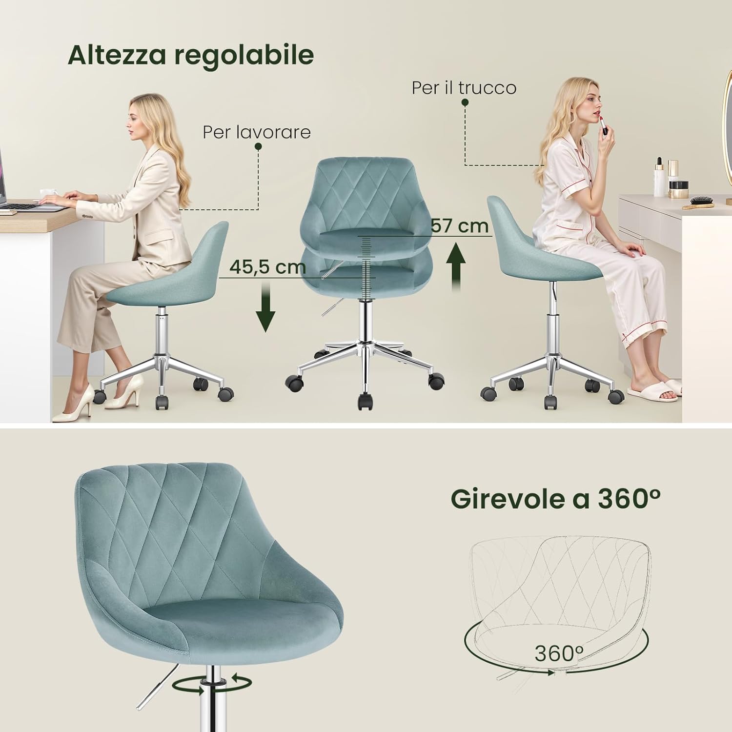 Sedia da Scrivania Moderna, Sgabello Regolabile Senza Braccioli, per Camera da Letto Studio Soggiorno, Turchese