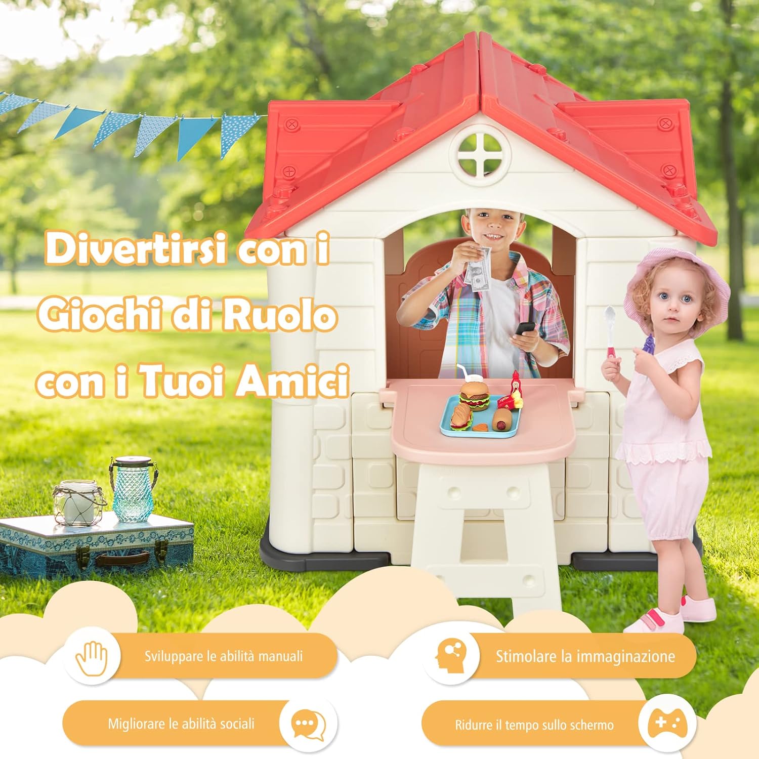 Casetta per Bambini con Porte e Finestre, Casetta Giocattolo con Tavolo, Set Giocattolo con 7 Pezzi, Ideale per Bambini 3-8 Anni, 164x124x132 cm (Rosa)