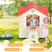 Casetta per Bambini con Porte e Finestre, Casetta Giocattolo con Tavolo, Set Giocattolo con 7 Pezzi, Ideale per Bambini 3-8 Anni, 164x124x132 cm (Rosa)