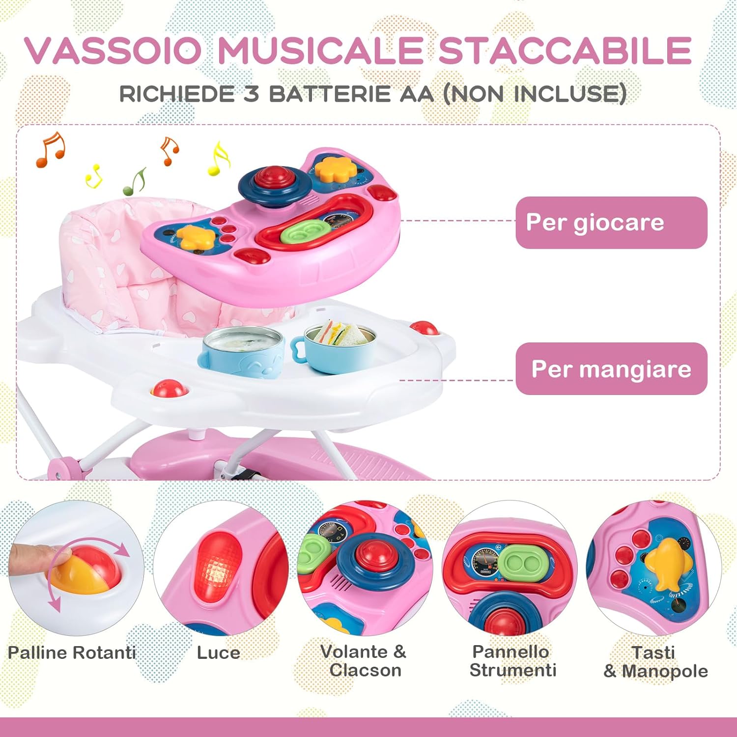 Girello per Bambini 6 in 1, Primi Passi per Neonati con Altezza Regolabile, Sedia a Dondolo per Bambini, Girello Pieghevole con Vassoio Musicale, Cuscino, per Bambini 6+ Mesi (Rosa)