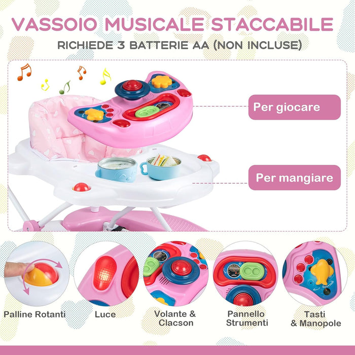 Girello per Bambini 6 in 1, Primi Passi per Neonati con Altezza Regolabile, Sedia a Dondolo per Bambini, Girello Pieghevole con Vassoio Musicale, Cuscino, per Bambini 6+ Mesi (Rosa)