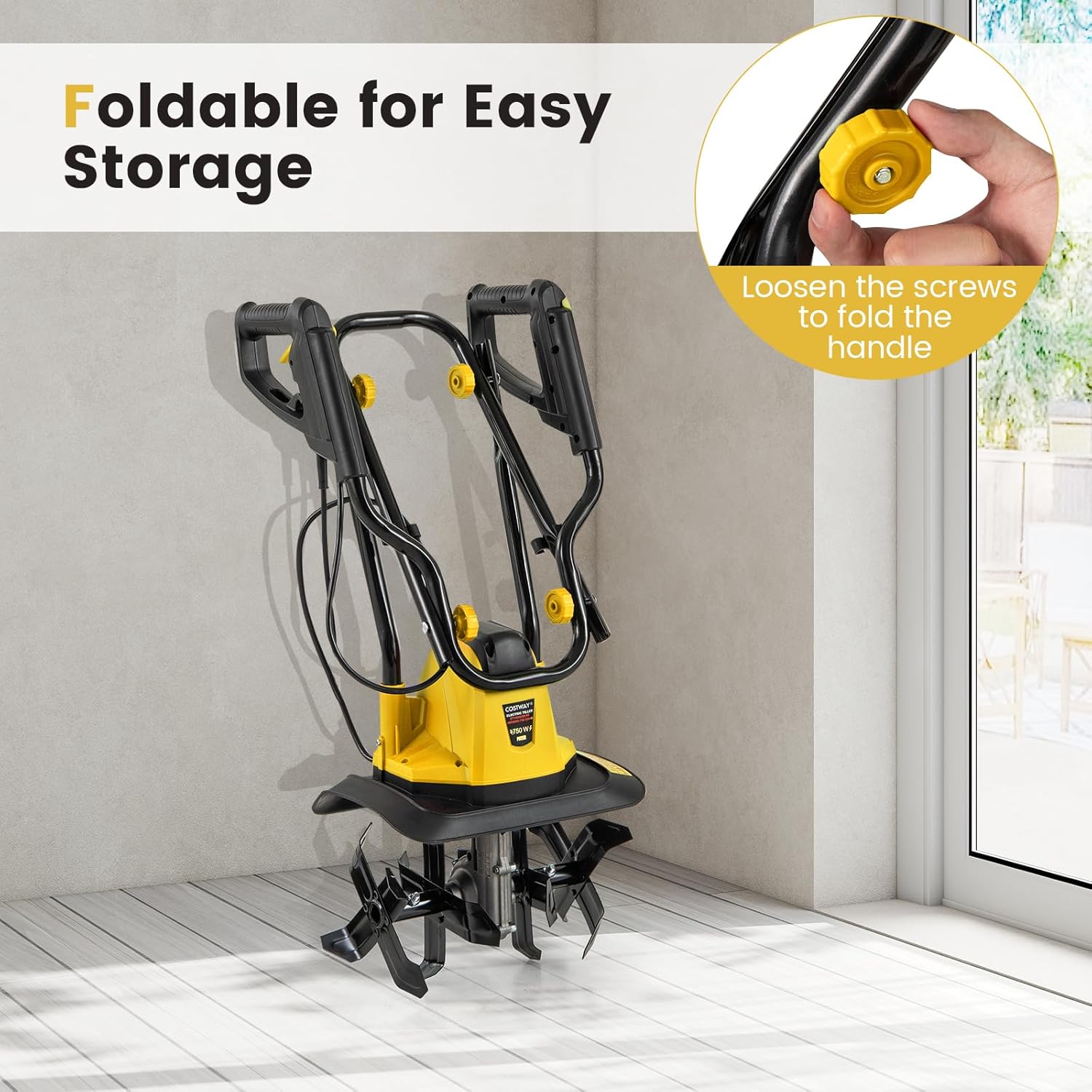 Motozappa Elettrica a Filo, Zappatrice da Giardino con Manico Ergonomico e Motore Forte, Motocoltivatore Pieghevole per Scavare Terreno del Prato (32,5 x 24 x 138 cm,Giallo)