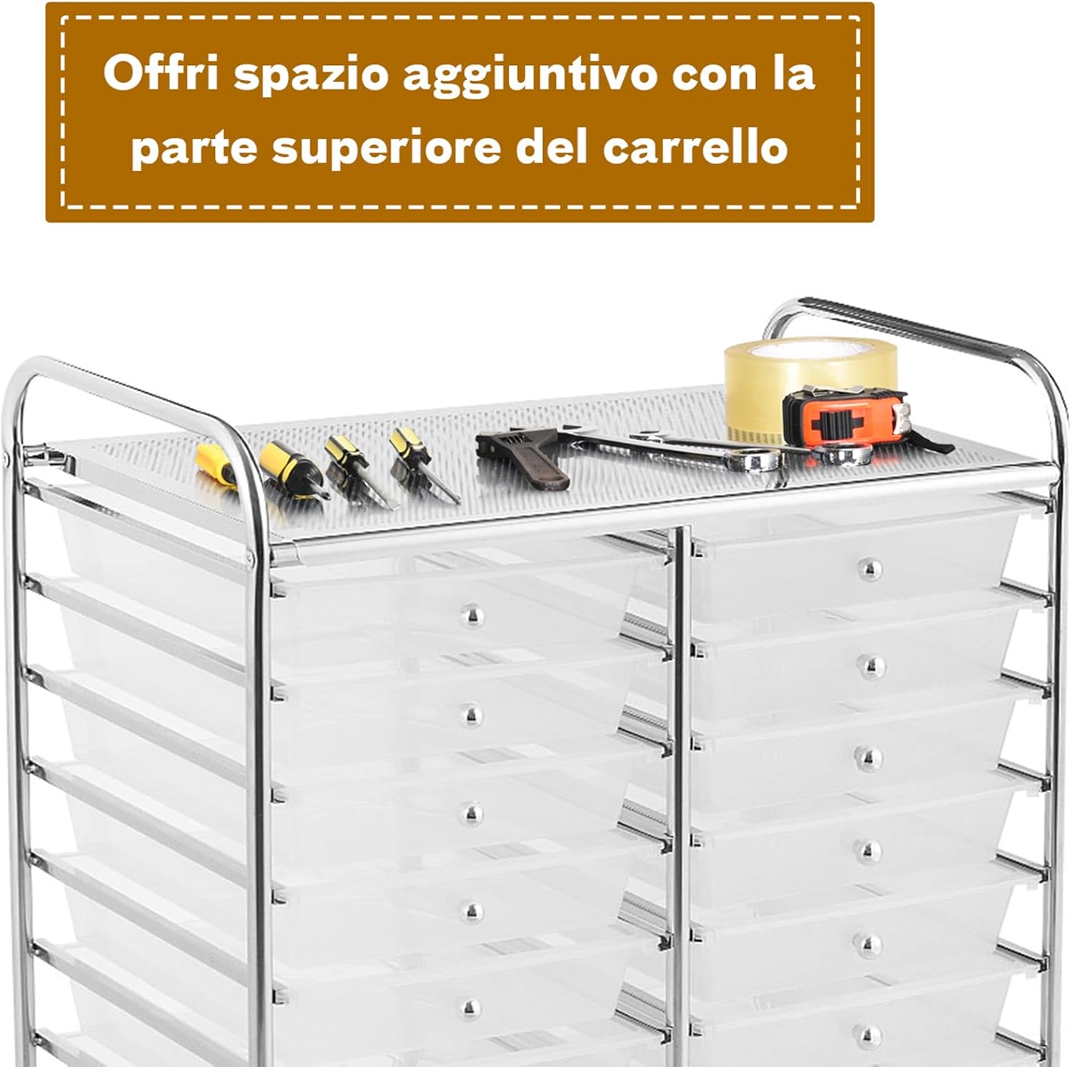 Carrello di Stoccaggio con 20 Cassetti, Carrello portaoggetti con 4 Ruote, Carrello Multiuso per Scuola Ufficio Cucina, 64 x 39 x 88 cm (Trasparente)