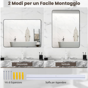 Specchio da Parete 76,5 x 56 cm, Specchio da Bagno Rettangolare con Pellicola Antigraffio, Cornice in Metallo Antiruggine, Ideale per Bagno Soggiorno Ingresso