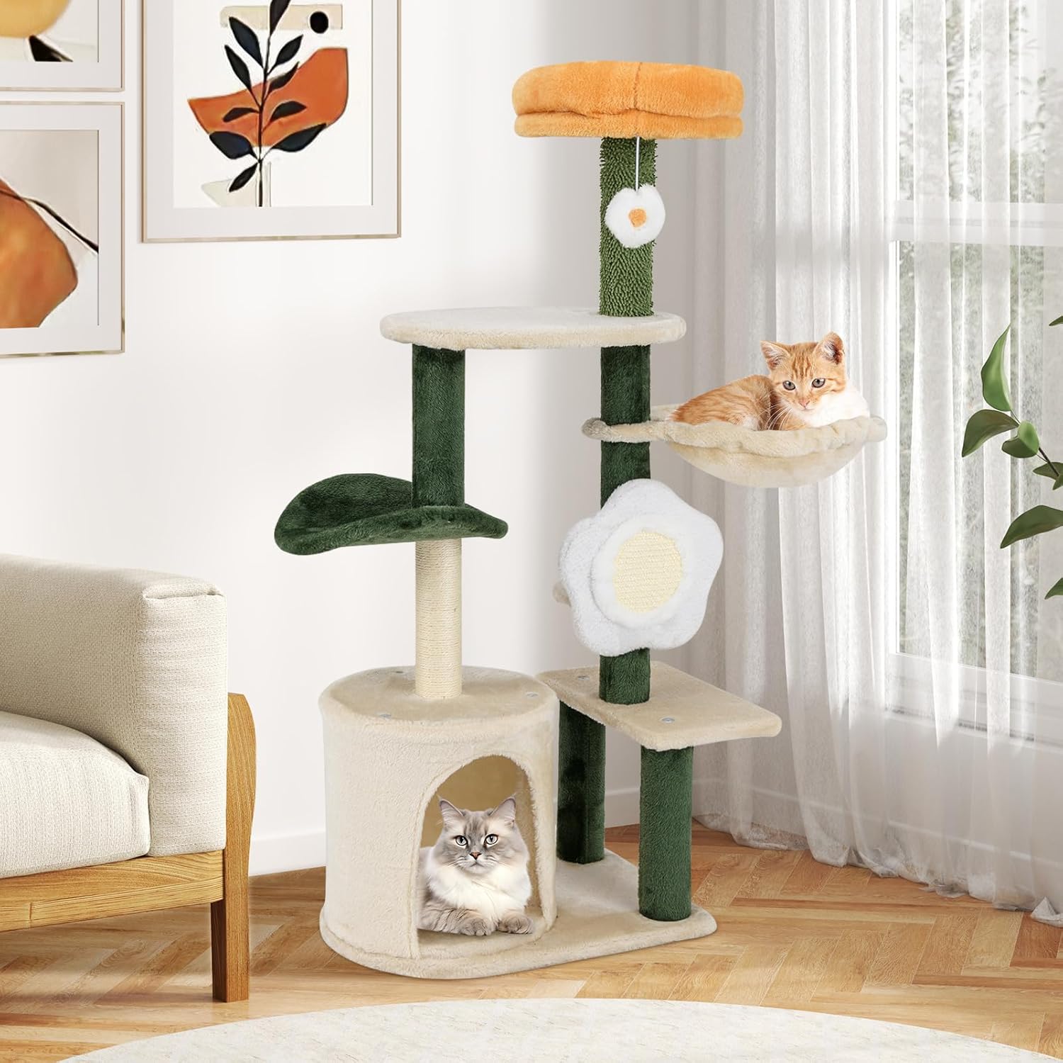 Tiragraffi per Gatto Alto 114 cm Forma di Fiore, Albero Tiragraffi Gatto con Amaca, Grotta e Palla Pompon, Torre Tiragraffi per Gatti con Pali e Tavola in Sisal, Verde e Beige
