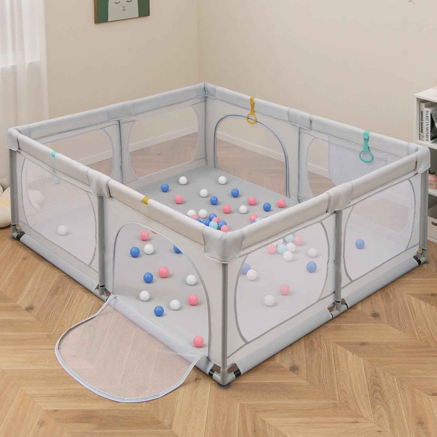 Recinto per Bambini, Box per Bambini con Rete Traspirante, Centro Attività per Bambini con 50 Palline, Box Giochi per Bambini 0-3 Anni (Grigio, 189 x 158 cm)