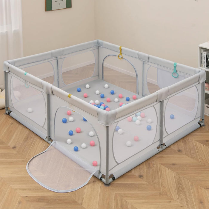 Recinto per Bambini, Box per Bambini con Rete Traspirante, Centro Attività per Bambini con 50 Palline, Box Giochi per Bambini 0-3 Anni (Grigio, 189 x 158 cm)