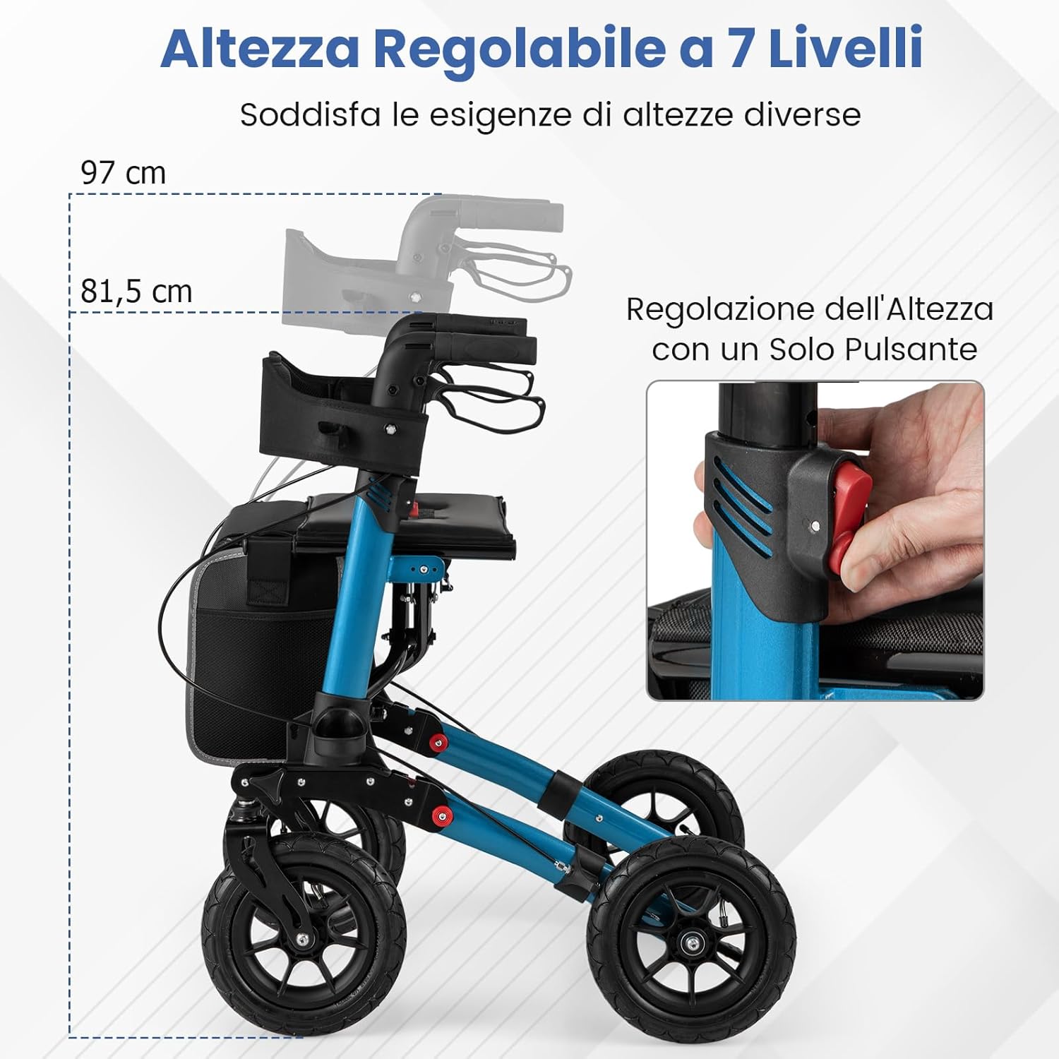 Deambulatore Pieghevole per Anziani in Alluminio, Rollator Regolabile in Altezza con Seduta, Schienale e Freni, Girello per Anziani con Borsetta, Carico Massimo 140 kg (Blu)