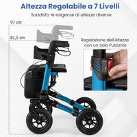 Deambulatore Pieghevole per Anziani in Alluminio, Rollator Regolabile in Altezza con Seduta, Schienale e Freni, Girello per Anziani con Borsetta, Carico Massimo 140 kg (Blu)