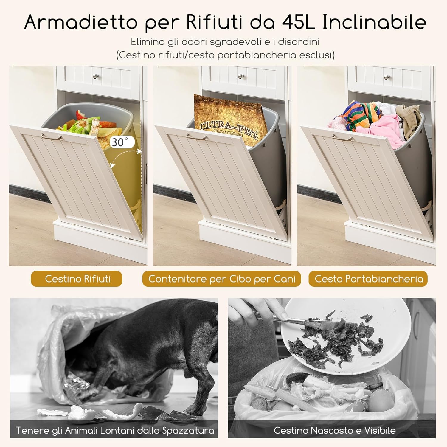 Credenza Alta per Cucina Porta Bidone della Spazzaturi, Mobile Cucina Dispensa con 2 Cassetti, Ante e 2 Ripiani Regolabili, Armadio Cucina in Legno di Gomma, 100 x 34 x 172 cm, Bianco