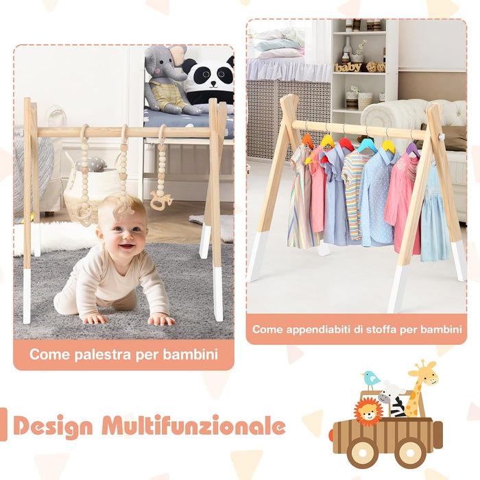 Palestrina per Bambini, Palestrina con Giocattoli per Dentizione Sviluppo Cerebrale Stimolazione Sensoriale, Pieghevole, in Legno, per Bambini 3+ Mesi (Bianco)