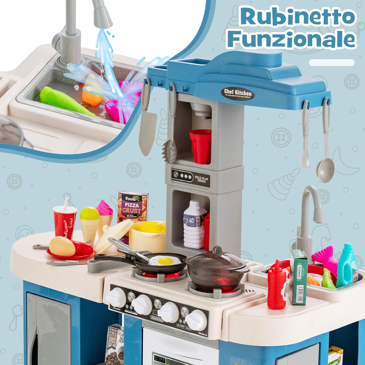 Cucina Giocattolo con Set di Accessori Cibo e Utensili, Cucina per Bambini con Suoni e Luci, Lavandino, Rubinetto, Scaffali, Forni e Fornelli, per Bambini 3+ Anni (Blu)