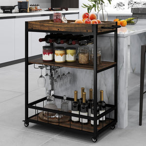Carrello da Cucina a 3 Ripiani, Carello in Legno con 4 Ruote Universali a Freno e Vasoio Rimovibile, Carrello con Supporti per Bicchieri e Bottiglie di Vino, 84 x 40 x 90 cm, Marrone Rustico