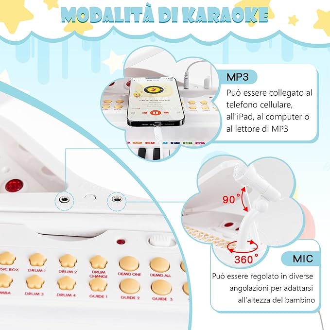 Tastiera Pianoforte a 31 Tasti con Microfono e Sgabello, Pianoforte Giocattolo Portatile con Modalità di Insegnamento a LED, Pianoforte a Coda per Bambini 3+ Anni (Bianco), 35 x 30 x 55 cm