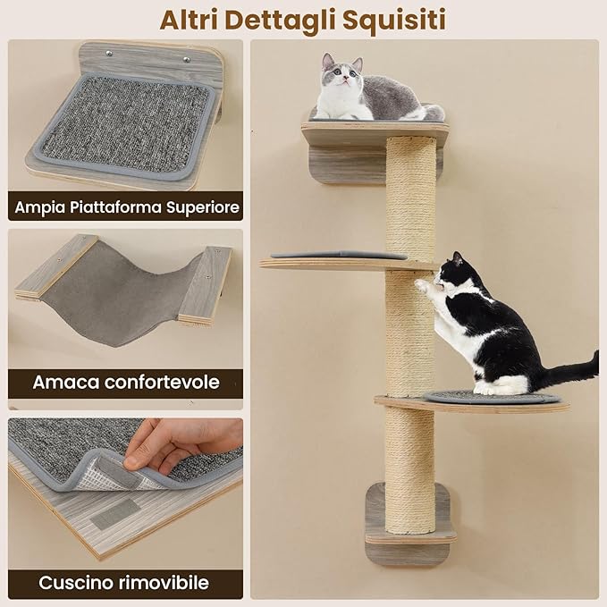 Mensole da Parete per Gatti da Arrampicata, Set Mobili a Muro con 4 Livelli, Amaca, Pannello Graffiato e Tappetini, 2 Piattaforme di Lancio, Albero Tiragraffi Salvaspazio (Modello 4)