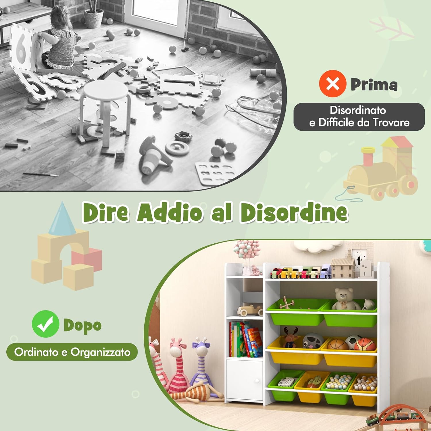 Mobile Porta Giochi per Bambini, Libreria e Scaffale per Giocattoli a 4 Livelli con 8 Contenitori 1 Anta, Libreria Multiuso per Bambini per Cameretta Soggiorno Asilo Nido