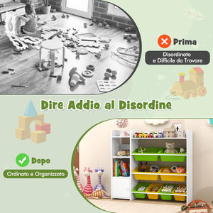 Mobile Porta Giochi per Bambini, Libreria e Scaffale per Giocattoli a 4 Livelli con 8 Contenitori 1 Anta, Libreria Multiuso per Bambini per Cameretta Soggiorno Asilo Nido