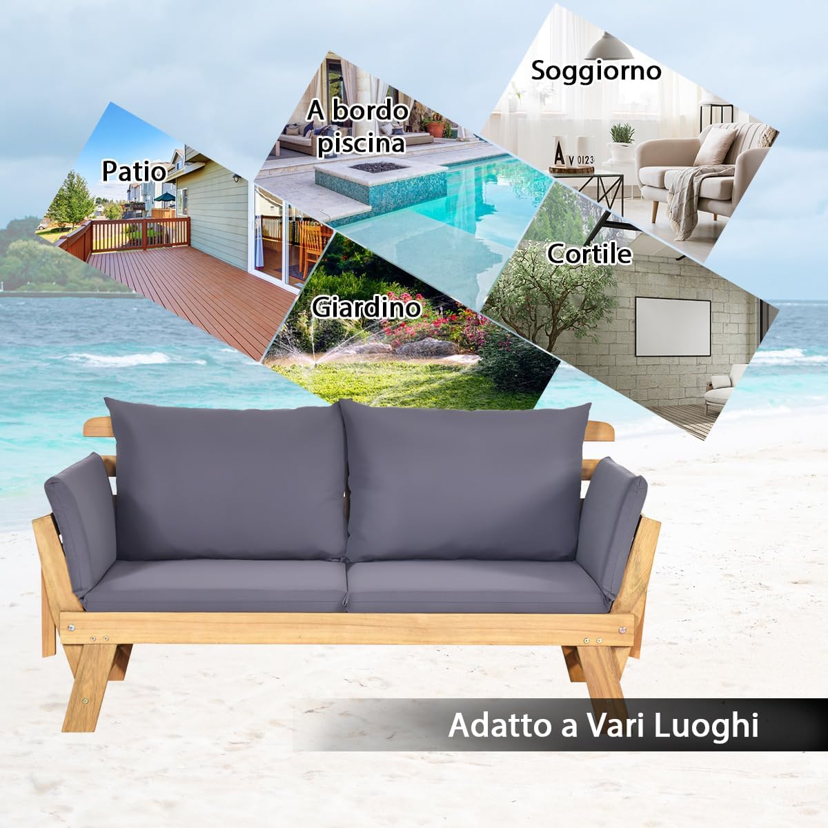 Divano Letto 2 Posti da Esterno in Legno di Acacia con Braccioli Regolabili, Sdraio da Giardino con Cuscini, Chaise longue Pieghevole per Giardino, Piscina, Cortile