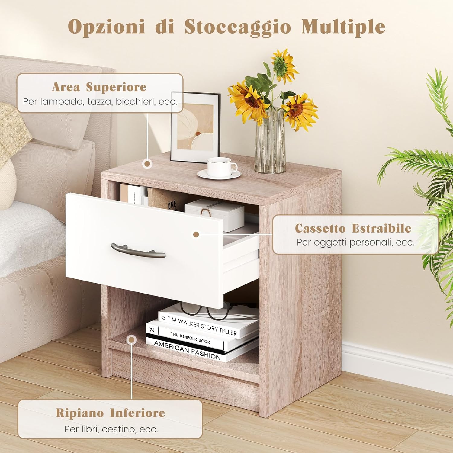 COSTWAY Comodino 38,5 x 28 x 40,5cm in Legno, Tavolino Salvaspazio con Scomparto Aperto e Casseto per Soggiorno e Camera da Letto (Naturale+Bianco)