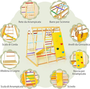 Set da Arrampicata per Bambini, Area Giochi Multifunzionale in Legno con Scala, Scivolo, Altalena e Rete da Arrampicata (Colorato)