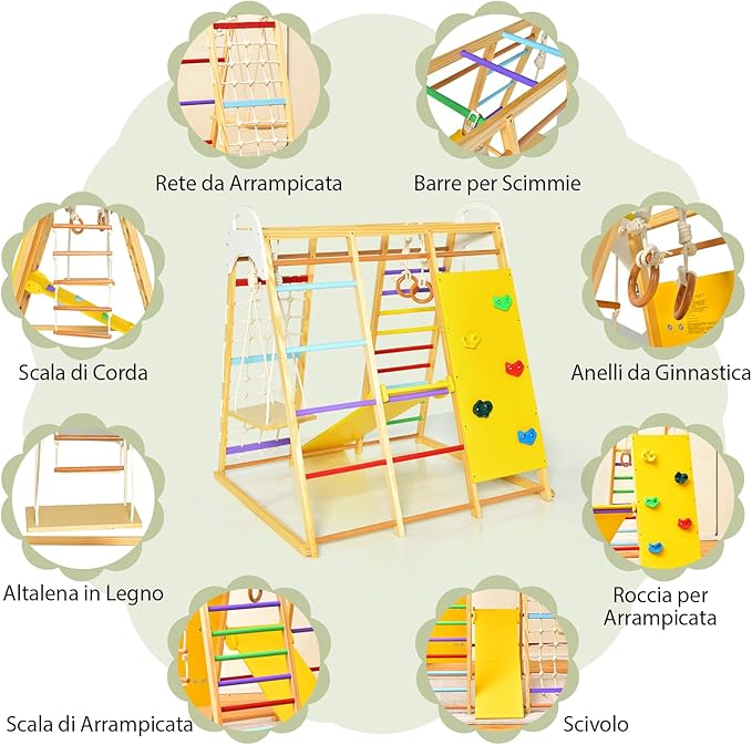 Set da Arrampicata per Bambini, Area Giochi Multifunzionale in Legno con Scala, Scivolo, Altalena e Rete da Arrampicata (Colorato)