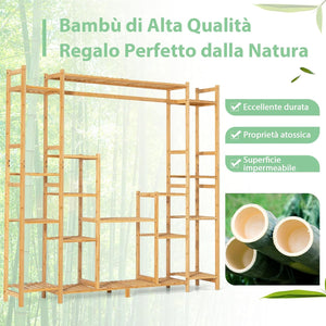 Scaffale per Piante in Bambù a 9 Livelli, Porta Fiori da Interno ed Esterno, Porta Vasi 2 in 1 con Barra e Dispositivo Antiribaltamento, 167 x 30 x 166 cm
