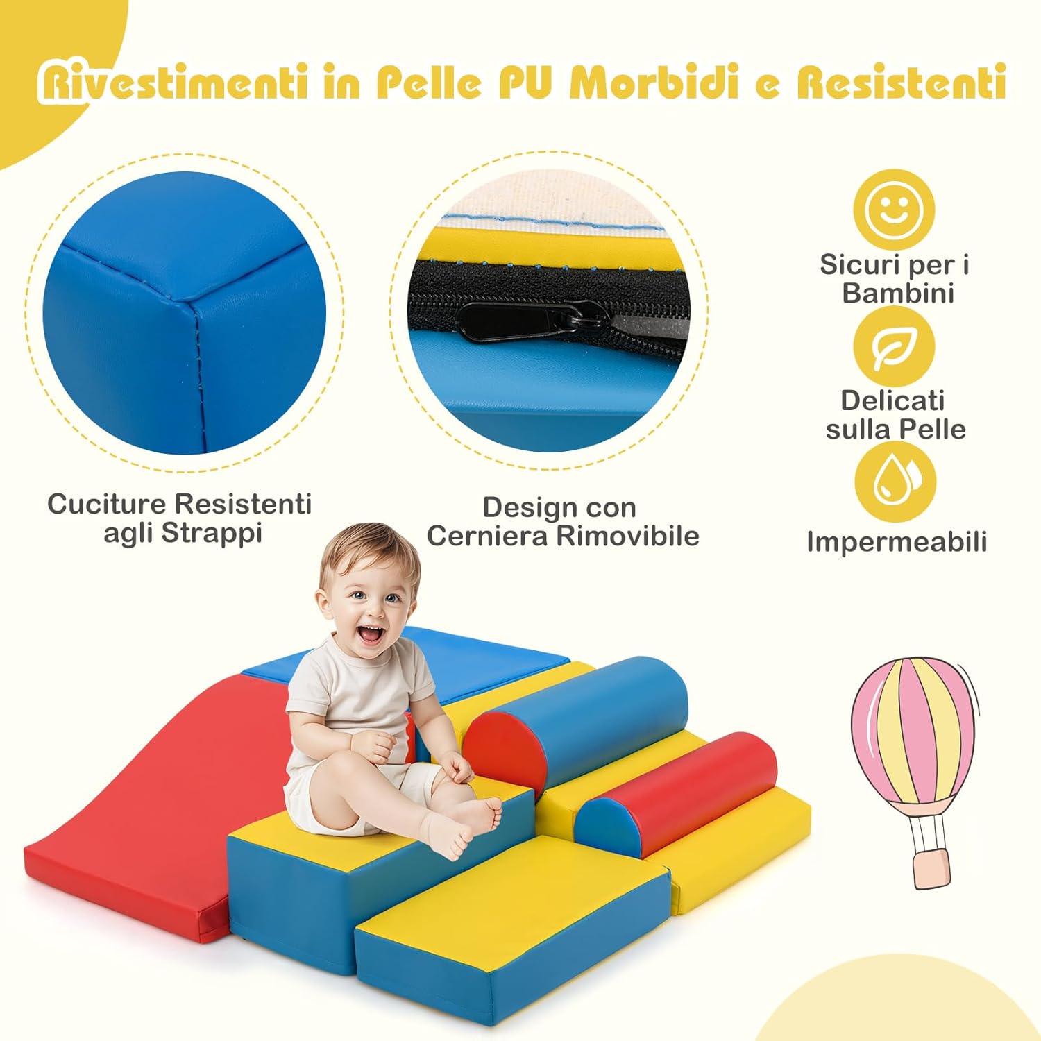 Set di Blocchi da Arrampicata in Schiuma per Bambini, Set di 7 Pezzi per Gioco Morbido con Chiusure a Strappo per Gattonare, Gioco Attivo, Sviluppo Motorio e Sensorialei