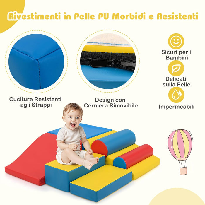 Set di Blocchi da Arrampicata in Schiuma per Bambini, Set di 7 Pezzi per Gioco Morbido con Chiusure a Strappo per Gattonare, Gioco Attivo, Sviluppo Motorio e Sensorialei