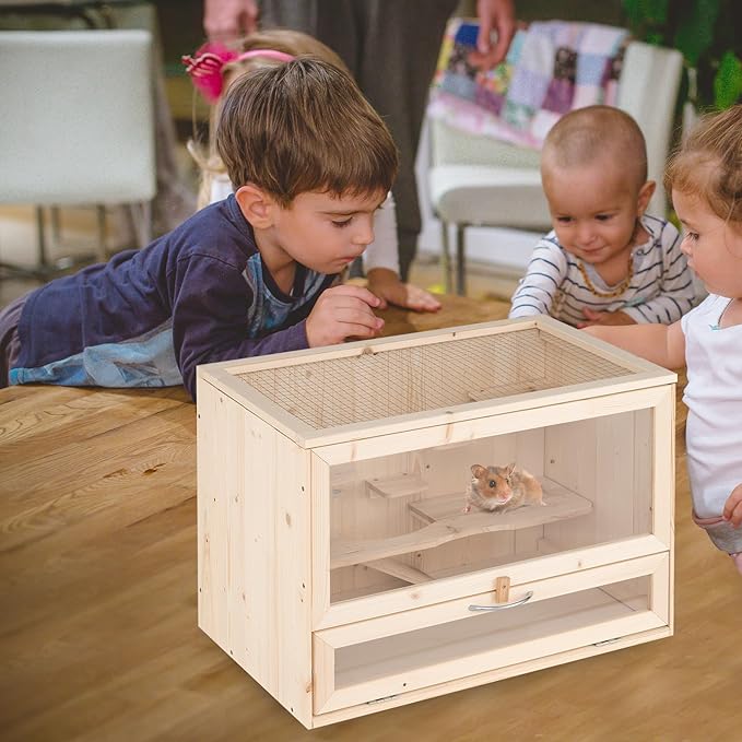 Gabbia per Criceti, Gabbia Criceti in Legno con Tetto Ribaltabile in Rete, Aree Multi-Scala, Rampa, Pannello in Acrilico e Porta Bloccabile, 60 x 35,5 x 42 cm