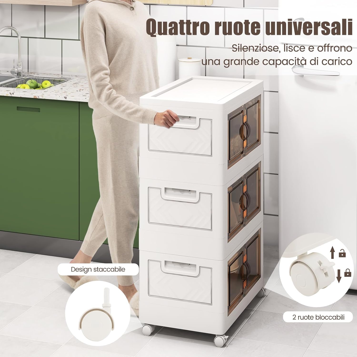Set di Contenitori in PP, Contenitori Plastica con Coperchio, Scatola Portaoggetti Pieghevoli con Ruote, per Soggiorno, Camera da Letto, Cucina (L-Set di 3)