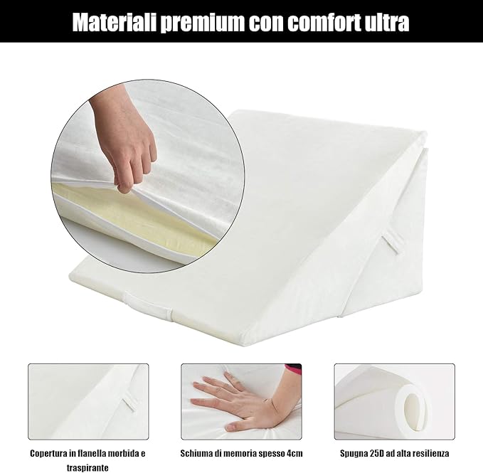 Cuscino a Cuneo per Letto e Divano, Cuscino da Lettura Relax, per Gambe Schiena e Ginocchio, con Fodera Lavabile (Bianco)