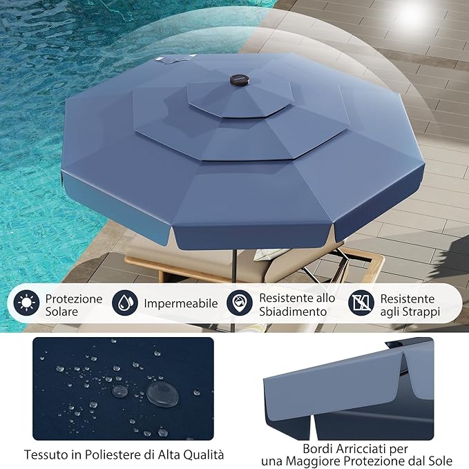 Ombrellone Esterno 300 cm, con 32 Luci LED, Ombrellone Giardino con Regolazione Inclinazione, Manovella e 8 Stecche, Parasole da Esterno con Tettuccio Ventilato a 3 Livelli