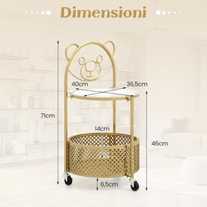 Tavolino da Caffè in Vetro, Tavolino Laterale a 2 Piani con Ruote, Motivo ad Orso, Cestino e Struttura in Metallo, Tavolino per Soggiorno, Camera da Letto e Studio (Oro)
