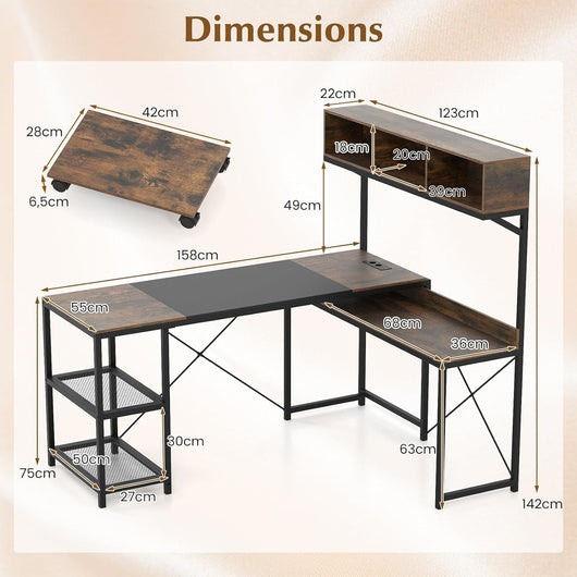 Scrivania con portaoggetti a forma di L, scrivania angolare reversibile con prese elettriche, ripiani aperti e supporto CPU mobile, per camera da letto, marrone rustico + nero