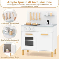 Cucina Giocattolo con Fornelli a Suoni e Luci Reali, Cucina per Bambini in Legno con Lavandelo Estrabile, Rubinetto e Forno, Set Cucina con 11 Accessori, 55 x 31 x 75 cm (Bianco)