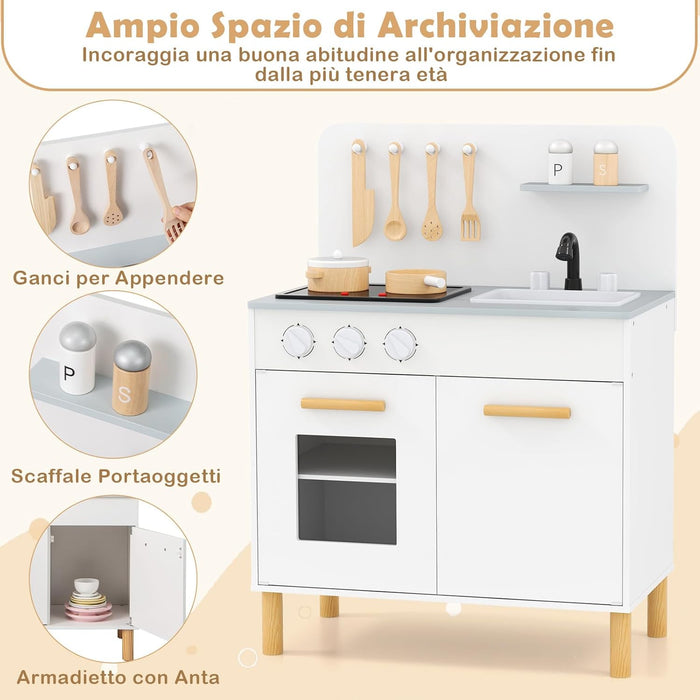 Cucina Giocattolo con Fornelli a Suoni e Luci Reali, Cucina per Bambini in Legno con Lavandelo Estrabile, Rubinetto e Forno, Set Cucina con 11 Accessori, 55 x 31 x 75 cm (Bianco)