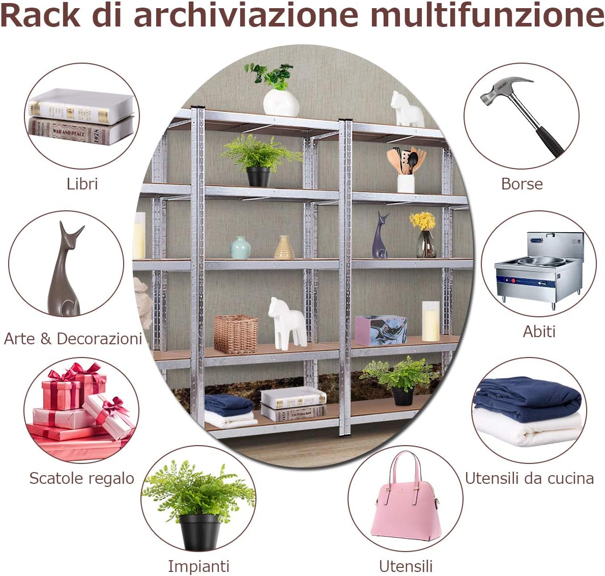 Scaffale per Garage, Scaffalatura a 5 Ripiani, Capacità 175kg Ogni Ripiano, Struttura Acciaio Resistente, 180x90x40cm