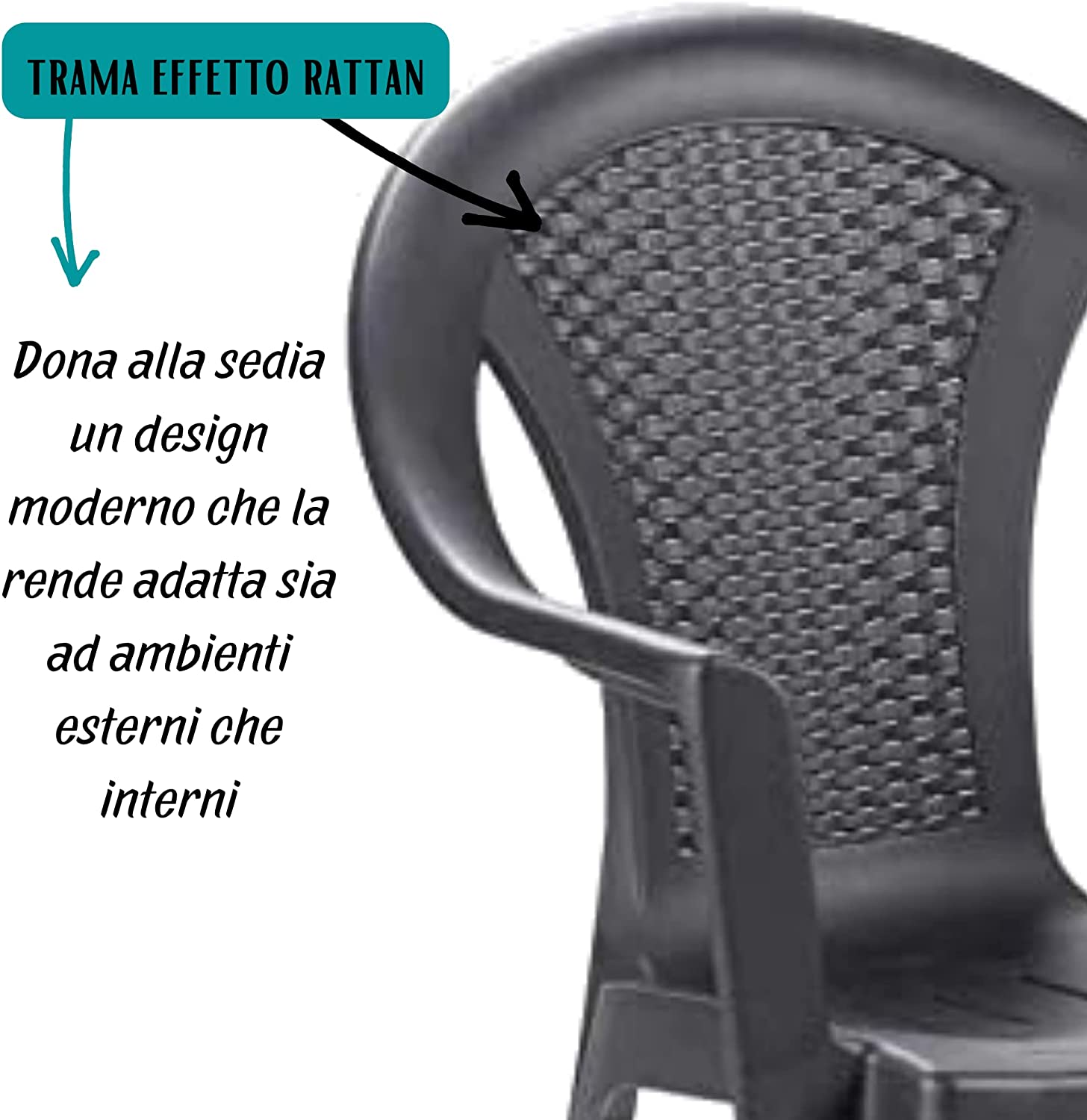 Sedia da giardino set 6 sedie in plastica effetto rattan con braccioli e impilabili colore antracite Tomaino