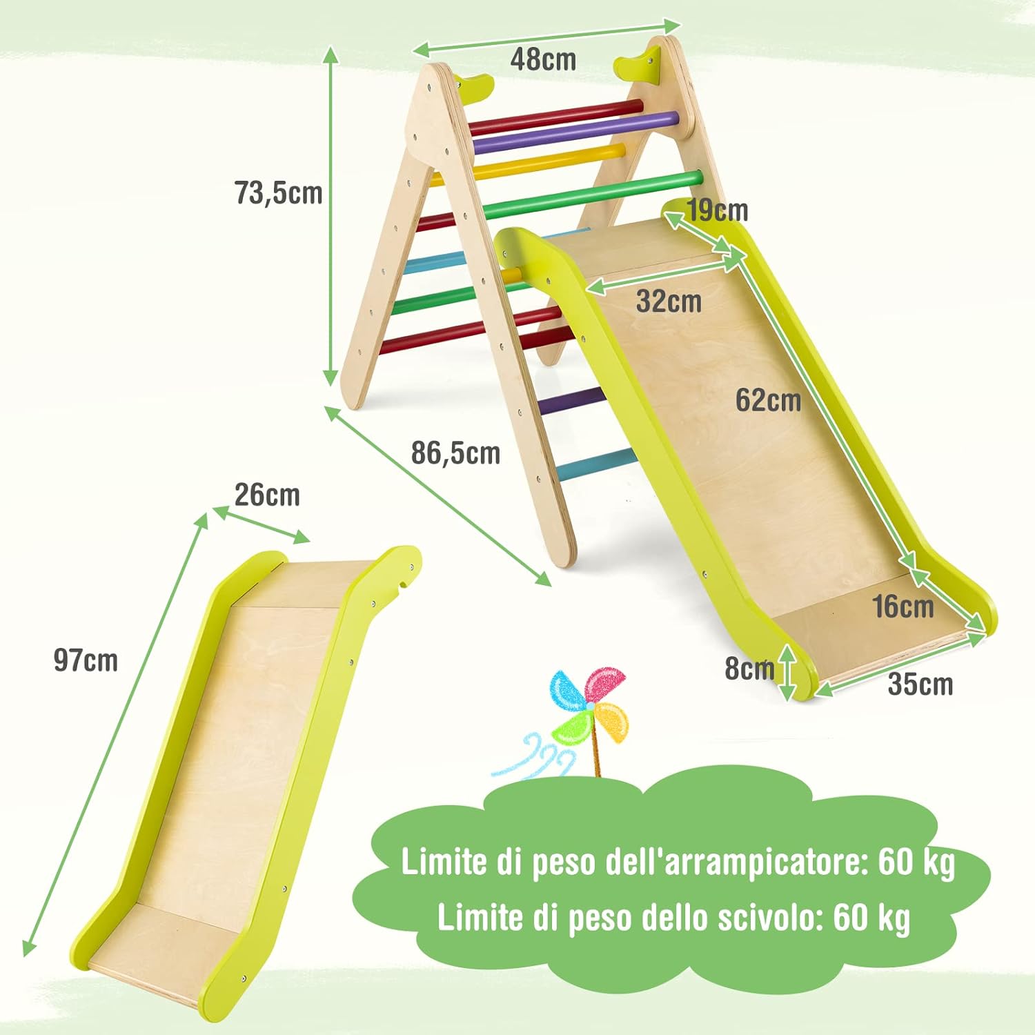 Set di Arrampicata con Scivolo 2 in 1, Arrampicatore in Legno Regolabile a Gradi, Giocattolo per Arrampicarsi all’Interno e all’Esterno per Bambini con età più di 1 Anno