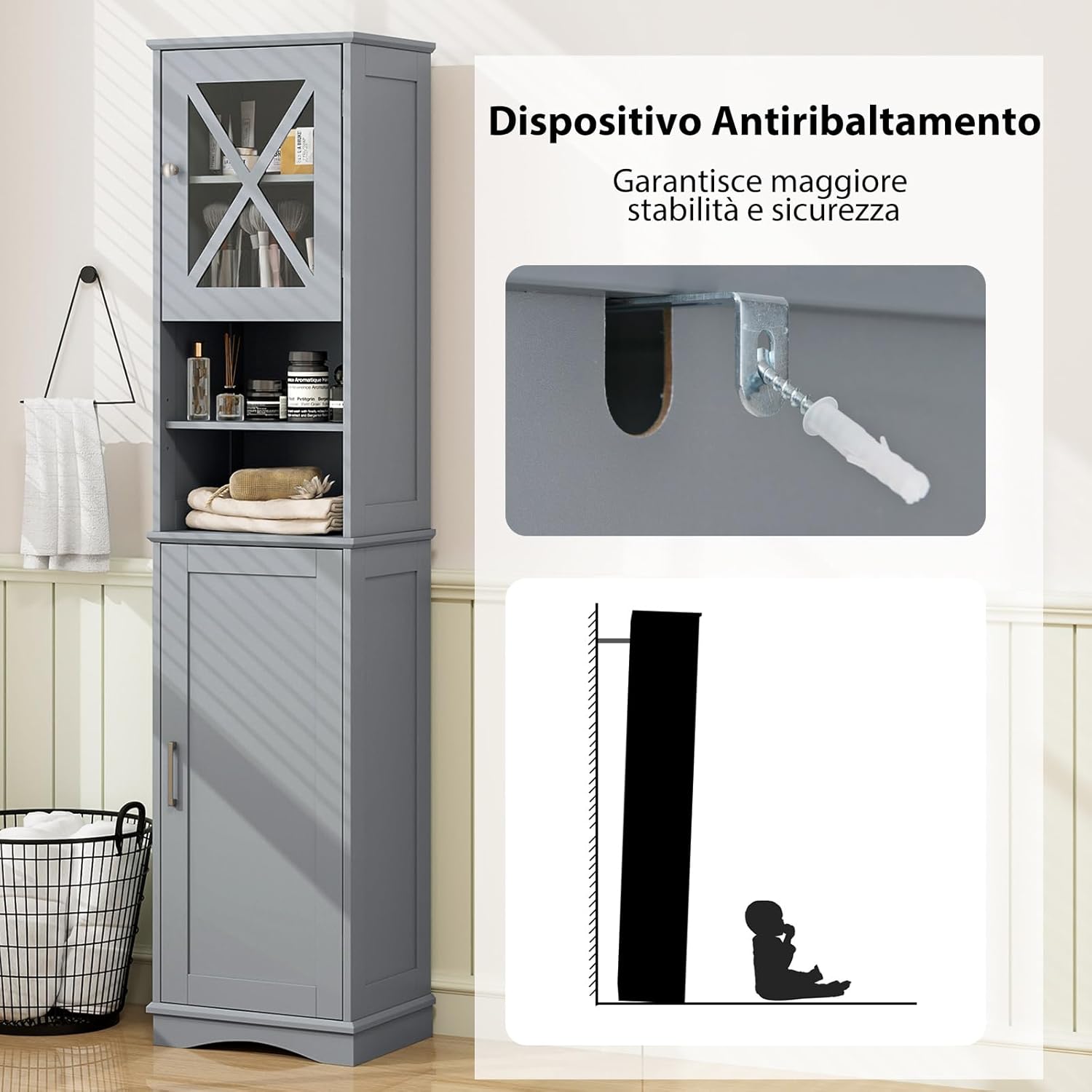 Mobile Bagno 40 x 30 x 170,5cm, Armadietto a Colonna Stretto e Alto con 5 Ripiani Regolabili e 2 Porte, Armadio da Terra in Legno per Soggiorno, Camera da Letto, Salotto e Cucina (Grigio)