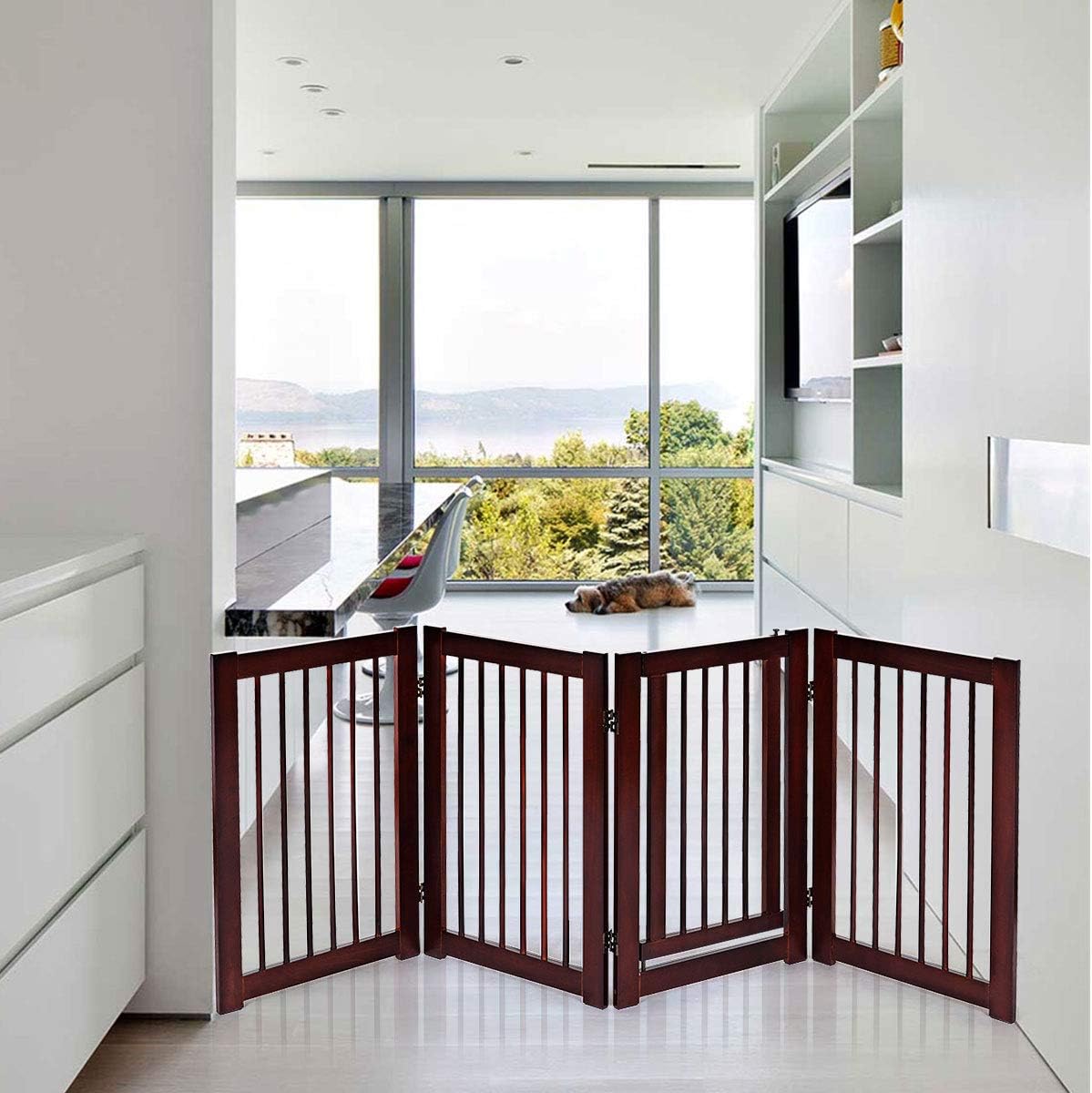 Cancelletto per Cani in Legno Massello, Cancello per Cani da Interno Girevole e Pieghevole, con 4 Ante, Cuscinetti Antiscivolo e Serratura, Ideale per Cani di Piccola/Media Taglia