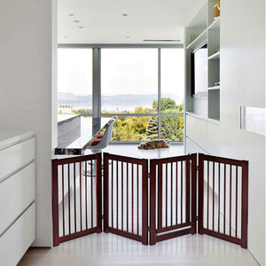 Cancelletto per Cani in Legno Massello, Cancello per Cani da Interno Girevole e Pieghevole, con 4 Ante, Cuscinetti Antiscivolo e Serratura, Ideale per Cani di Piccola/Media Taglia