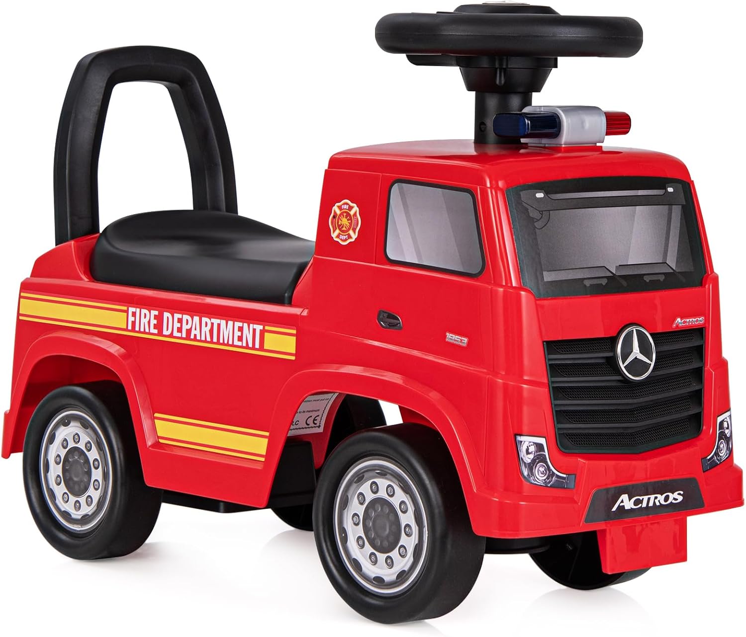 Camion dei Pompieri per Bambini, Macchinina Cavalcabile con Musica e Clacson, con Spazio di Stoccaggio Nascosto e Volante, Regalo per Bambini 2-6 Anni
