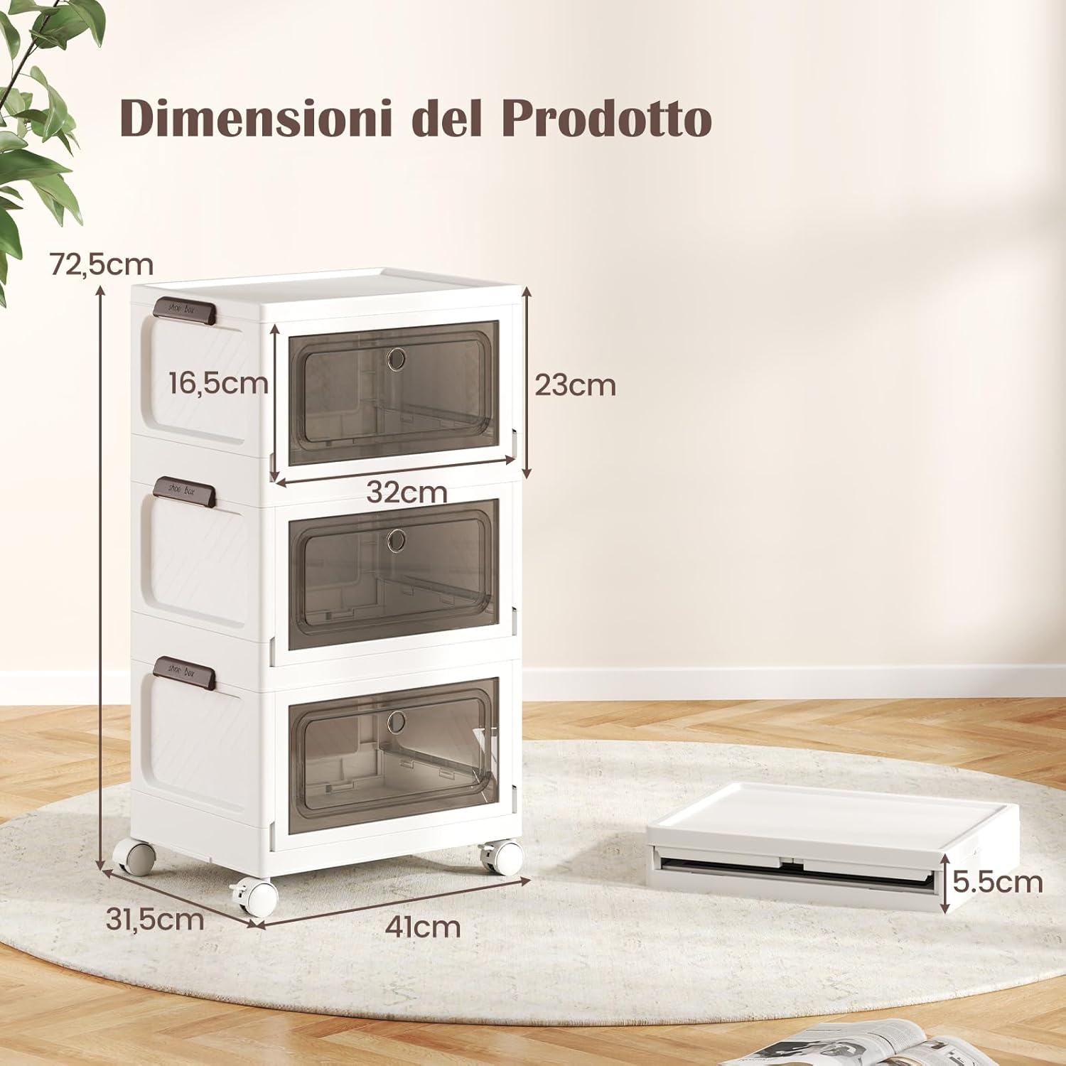 Set da 3 Contenitori Impilabili, Scatole Pieghevoli da 75/105 L con Ruote Bloccabili Porta e Coperchio, Organizzatori per Armadio, Multiuso per Casa Dormitorio (41 x 31,5 x 72,5 cm)