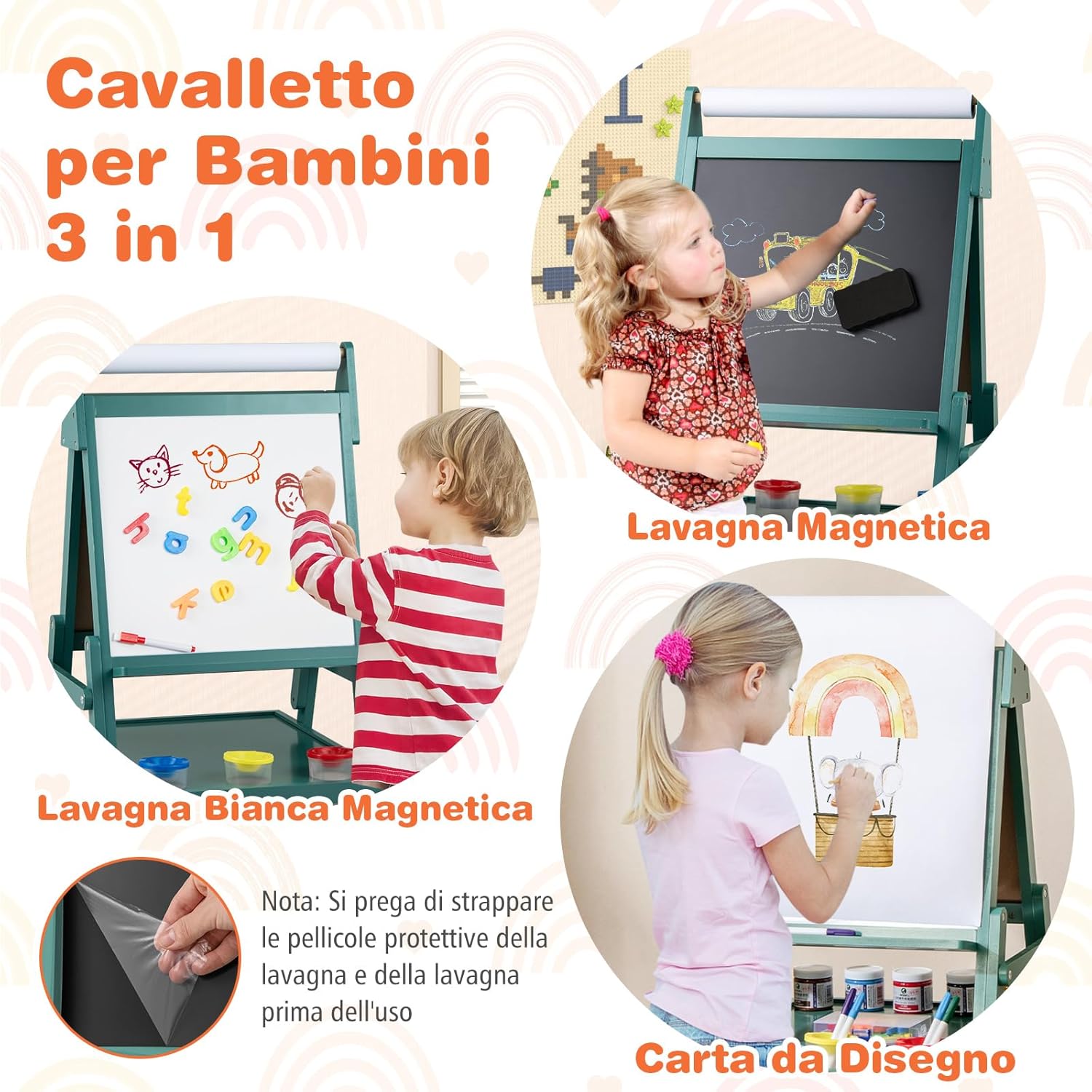 3 in 1 Cavalletto per Bambini, Cavalletto con Doppia Faccia Magnetica e Lavagna Bianca, Rotolo di Carta, 3 Bicchieri per Vernice e 2 Ceste in Tessuto, per Bambini 3-6 Anni (Verde)