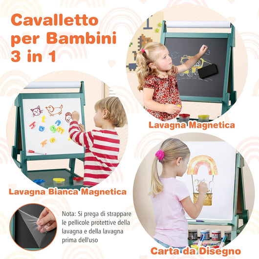 3 in 1 Cavalletto per Bambini, Cavalletto con Doppia Faccia Magnetica e Lavagna Bianca, Rotolo di Carta, 3 Bicchieri per Vernice e 2 Ceste in Tessuto, per Bambini 3-6 Anni (Verde)