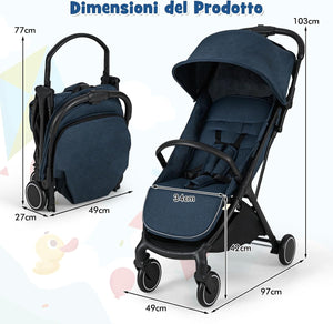Passeggino Leggero per Bambini, Passeggino da Viaggio con Schienale Regolabile, Passeggino Portatile per Bambini con Schienale Reclinabile e Cappotta Regolabile, per Bambini 0-3 Anni (Blu)