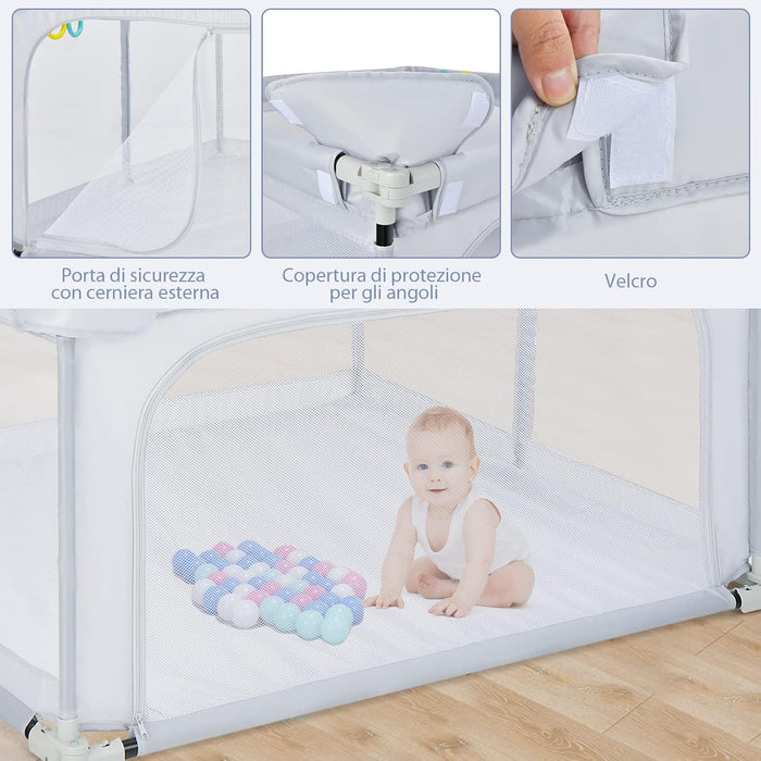 Recinto per Bambini, Box per Bambini con Rete Traspirante, Centro Attività per Bambini con 50 Palline, Box Giochi per Bambini 0-3 Anni (Grigio, ‎124 x 124 cm)